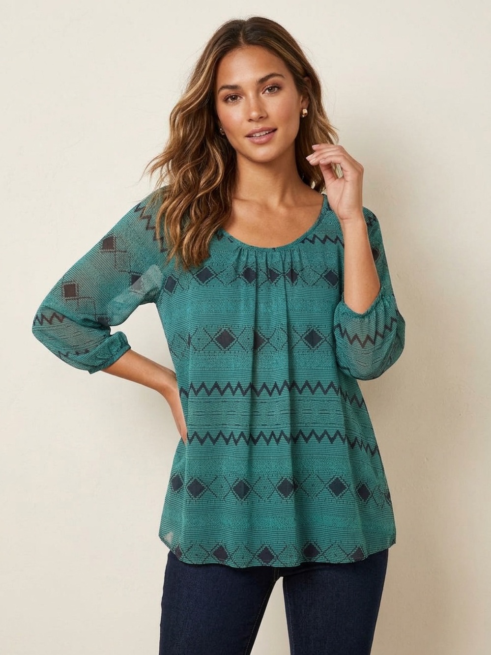 Soprano Teal Geometric Scoop Neck Tunic